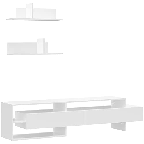HOMCOM Mueble de Salón para TV Conjunto Mueble de TV con Mesa para Televisor 180x33,5x42 cm y 2 Estantes de Pared 65x20x20 cm Estilo Moderno Blanco