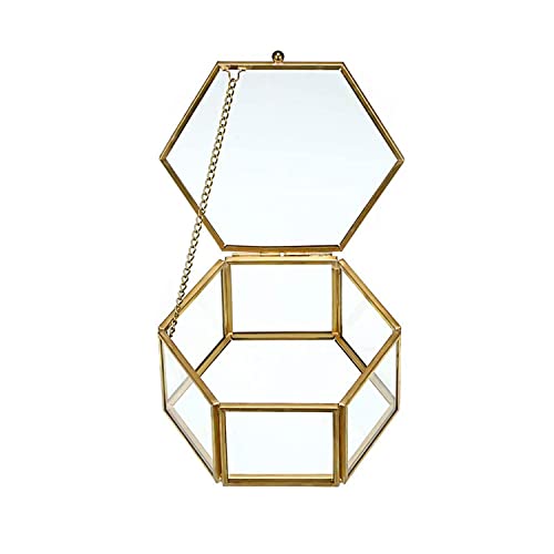 DRERIO Caja de cristal para Joyas -Pequeña caja decorativa para joyas -Estante transparente para Joyas -Estante hexagonal para anillos -Organizador dorado para Joyas (S)