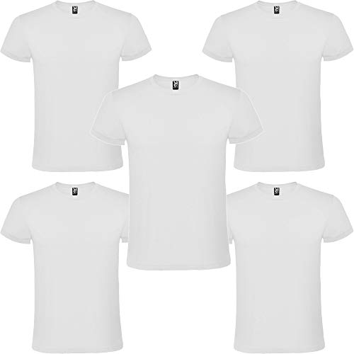 Camiseta Hombre Manga Corta | Pack 5 | Algodón | Cuello Redondo (Blanco, M)