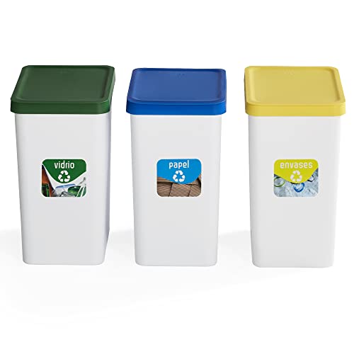 USE FAMILY - Lote 3 Cubos Reciclaje 28L - Reciclaje de Vidrio, Papel y Envases - Pepeleras con Pegatinas de Reciclaje - Apto para Bolsas 30 L - Cubos de Basura Ecológicos de Plástico Reciclable