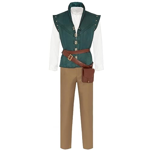 Ewepdwo Disfraz de Príncipe Flynn Rider para adulto, camisa, chaleco, pantalones, cinturón, conjunto completo de Cosplay, conjunto de traje de Halloween (Masculino,M)