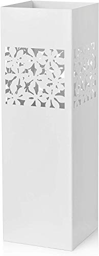 Baroni Home Paragüero cuadrado de metal con incrustación rectangular de flores blancas 15,5x15,5x49 cm con gancho y bandeja recogegotas extraíble