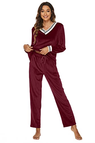 Ietaoo Chándales Mujer,Conjunto de Pijamas Terciopelo Chándales 2 Piezas Invierno Cálido Cuello en V Chandal Completo Mujer Ropa de Dormir Vino Rojo L