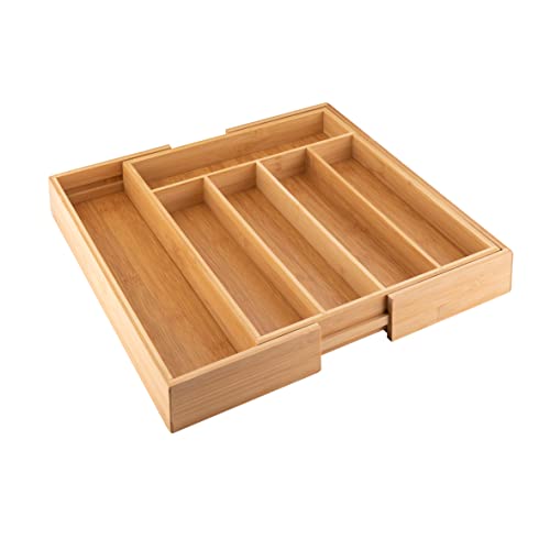 axentia Caja de Cubiertos de Bambú, Bandeja Extensible para Cubiertos con 5 a 7 Compartimentos, Cubertero aprox. 31-48,5 x 5,5 x 37 cm, Color madera, 116668