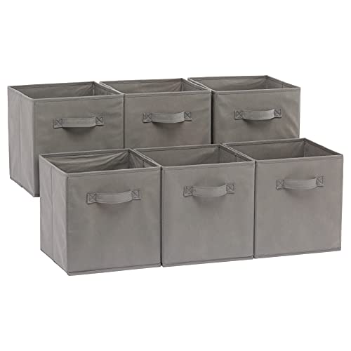 Amazon Basics - Cubos de almacenamiento de tela plegables con asas, 26,6 x 26,6 x 27,9 cm, color gris, paquete de 6 unidades