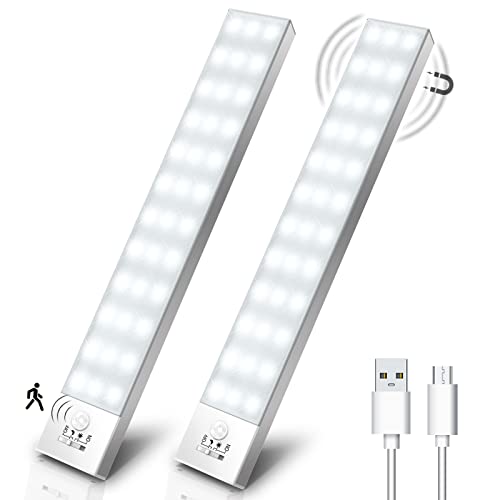 OUILA Luz LED Armario Magnética con Sensor Movimiento 36 LEDs 4 Modos Luz LED Adhesiva USB Recargable 800mAh Luz Nocturna para Escaleras, Armario, Pasillo, Cocina, Garaje-2 Packs