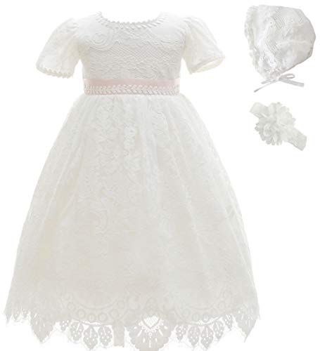 Ahaha - Vestido largo de bautizo para niña, para ocasiones especiales, bautizos, con sombrero y cinta para la frente Blanco 3 6-12 meses