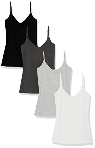 Amazon Essentials Camiseta Interior Ajustada de Punto con Cuello de Pico (Disponible en Tallas Grandes) Mujer, Pack de 4, Blanco/Carbón Mezcla/Gris Claro Mezcla/Negro, M