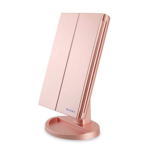 WEILY Espejo Cosmético Maquillaje, Luz Ajustable con LED, con la ampliación 1X/2X/3X, Rotación de 180 °, Fuente de alimentación Doble, encimera (Oro Rosa)
