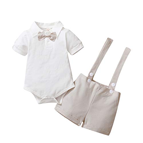 Gajaous Conjunto de traje de caballero para bebé, de manga corta, con camiseta, pelele y tirantes cortos, para bautizo, boda, 0 – 24 meses