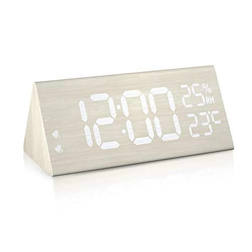 Despertador LED Triangular de Madera, Reloj Despertador Digital con Doble Alarma/Snooze/7 Niveles Brillo/5 Niveles Volumen, Reloj de Sobremesa Alimentado por USB para Salón/Dormitorio/Oficina-Blanco