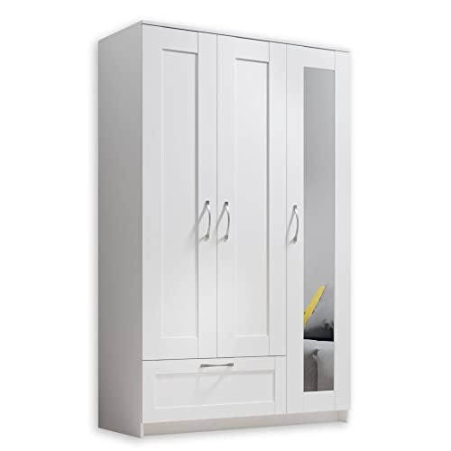 Stella Trading SALIAS Armario con puerta de espejo Blanco - Armario versátil de 3 puertas para su dormitorio - 117 x 190 x 50 cm