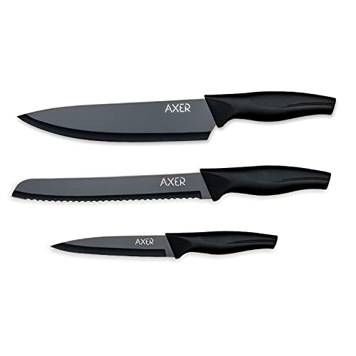 Axer Juego de Cuchillos de Cocina Negra - 3 Piezas Set Cuchillos Cocina Profesional - Set de Cuchillos Inox - Juego Cuchillos Para Chef - Knife Set