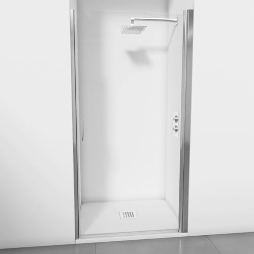 Mampara de ducha reversible de una puerta abatible - Sin perfilería inferior - Cristal transparente templado 6 mm antical - Plata brillo- Ancho adaptable 56-60 - Alto 195 cm