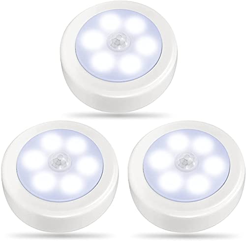 3 Packs Luz con Sensor de Movimiento para Interiores,Luces LED para Armario,Luz Nocturna con Pilas,Lámpara de pared Inalámbrica para Escalera,Escalón,Pasillo,Garaje,Entrada (Blanco Frío)