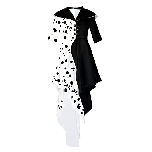 Disfraz de Cruella Deville para Mujer, Vestido Elegante Blanco y Negro con Capa Traje de Fiesta de Carnaval Halloween Cosplay de la Reina Malvada (Aldult-L)