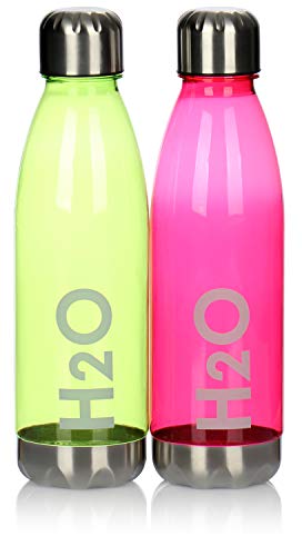 com-four® 2X Botella de Agua de plástico - Botella Ligera para Beber para el Deporte, la Escuela, la Universidad y el Tiempo Libre, con tapón de Rosca y Fondo de Acero Inoxidable (Verde + Rosa)