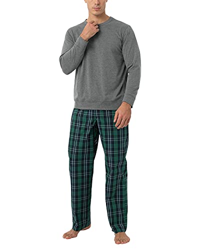 LAPASA Conjunto de Pijama Hombre Camiseta con Manga Larga y Pantalón Largo para Dormir Set de Pijama para Casa M108 L Gris+Verde Oscuro y Azul Marino