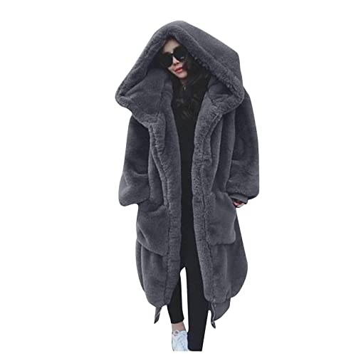 Abrigo de invierno para mujer, chaqueta con capucha de piel sintética, chaqueta larga de invierno para mujer, chaqueta de entretiempo, chaqueta de felpa con pelo, gris, M