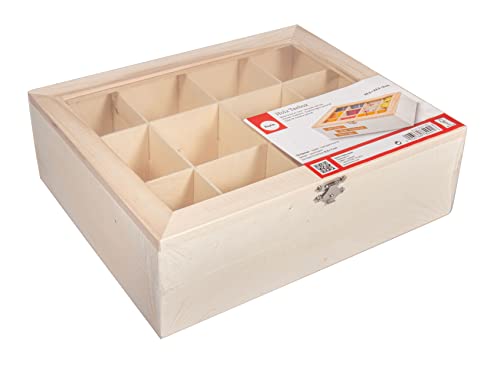 Rayher 62972505 Caja para té, 28,5x23,5x9 cm, Caja de madera con compartimentos y tapa transparente