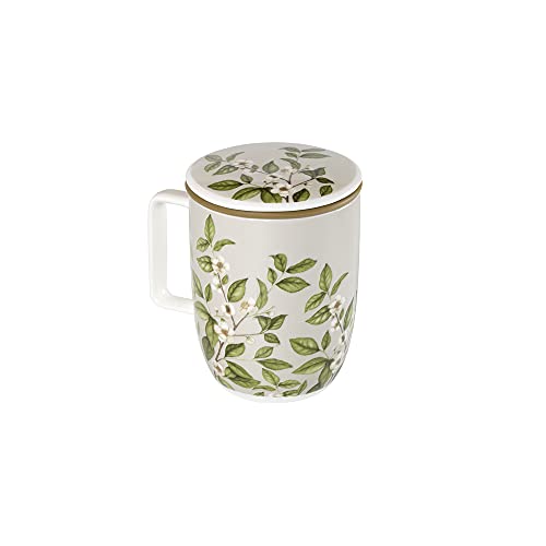 TEA SHOP - Taza de Té con filtro y tapa - Mug Harmony Camelia Sinensis - Taza de porcelana Fine Bone China con un diseño romántico y armonioso de Camelia Sinensis, la planta originaria del té.
