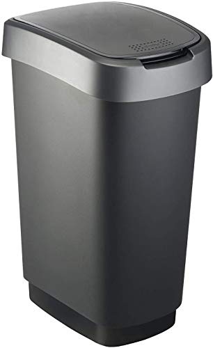 Rotho Twist - Cubo de Basura de 50 L con Tapa, Puede Ser Usado Como Tapa Abatible o con Bisagras, Plástico (PP) sin BPA, Negro/Gris Plateado, 50 L (40.1 x 29.8 x 60.2 cm)