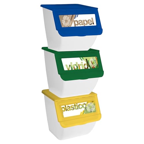 TIENDA EURASIA® Cubos de Basura de Reciclaje - Pack 3 Cubos Apilables de Cocina con Ruedas - Capacidad 36 L - Ideal para Reciclar (Plástico - Papel - Vidrio) (Blanco)