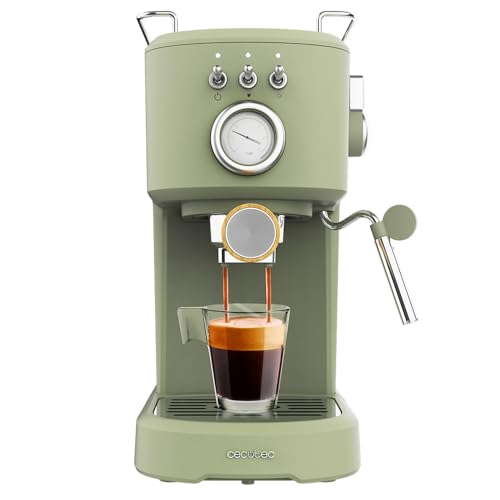 Cecotec Cafetera Espresso Compacta Power Espresso 20 Retro Green. 1100 W, 20 Bares, Vaporizador Orientable, Brazo Portafiltros con Doble salida y 2 Filtros, 1,25 Litros