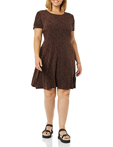 Amazon Essentials Vestido Recto con Cuello Redondo y Manga Corta Fruncida (Disponible en Tallas Grandes) Mujer, Marrón Tofe Oscuro Guepardo, XL