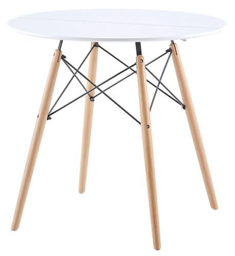 JAZZLYN Mesa Comedor Moderna de Diseño, Mesa de Cocina Redonda con Patas de Madera de Haya, Blanco, 80 x 80 cm x 74 cm