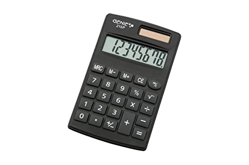 Genie Calculadora de bolsillo de 215 dígitos P8 dígitos, doble potencia (solar y batería), diseño compacto, color gris
