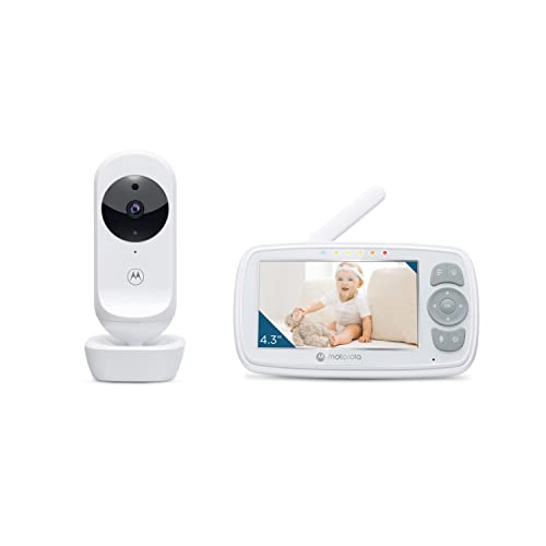 Motorola Baby Ease 34-Vigilabebés con cámara-Video monitor para bebés con pantalla HD de 4.3 pulgadas-visión nocturna, comunicación bidireccional, canciones de cuna, monitoreo de temperatura, Blanco
