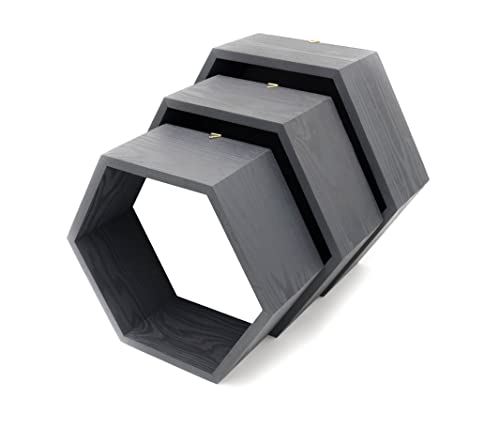 HANDKADECOR - Estantes de pared hexagonales de madera negra - Hexágono, estantes de panal - Juego de 3 hexágonos
