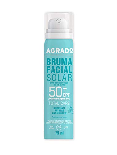 Bruma Seca Solar Facial Protector Solar Hidratante 50+ SPF Protección UVA UVB Infrarrojos en Spray Resistente al agua Invisible 75 ml - Agrado
