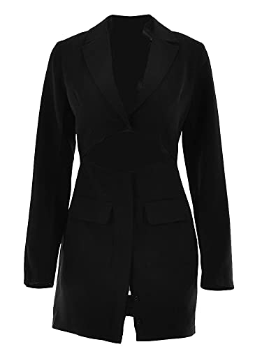 Siyova Vestido tipo blazer de manga larga para mujer, sexy, cuello hueco, botones, chaqueta para oficina o mujer, ropa ajustada, Negro , M