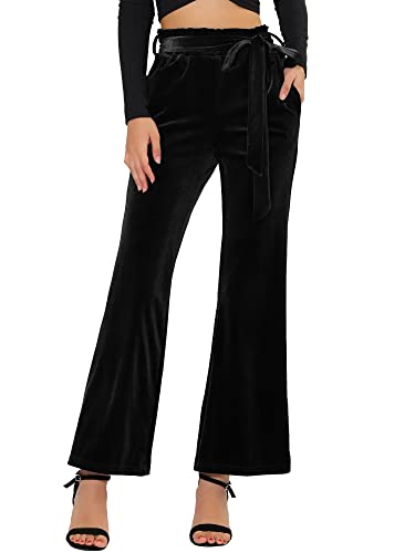 Allegra K Pantalones de Terciopelo para Mujer Pantalones Anchos elásticos de Cintura con Lazo con Bolsillos Negro M