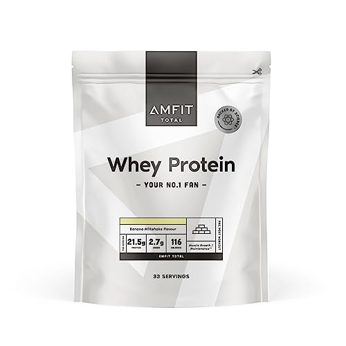 Marca Amazon - Amfit Nutrition Proteína de suero en polvo con sabor a batido de plátano, 33 porciones, 1 kg (Paquete de 1)
