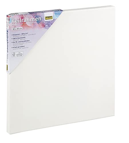 Idena 60031 - Bastidor con lienzo de algodón 100%, gramaje 380 g/m², para pinturas al óleo y acrílicas, aprox. 30 x 30 cm grande, blanco