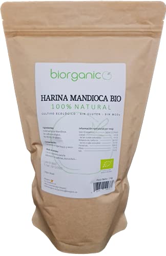 Biorganic Harina de Mandioca Bio SIN GLUTEN 1Kg LOW CARB- 100% natural. Polvo de Yuca. De cultivo Ecológico de Brasil. Producto Premium.