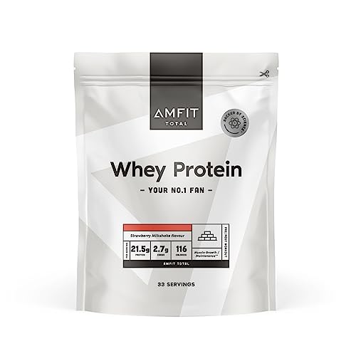 Marca Amazon - Amfit Nutrition Proteína de suero en polvo con sabor a batido de fresa, 33 porciones, 1 kg (Paquete de 1)