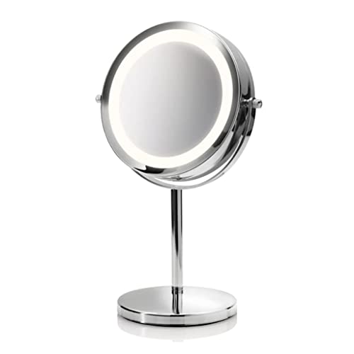 Medisana cm 840 Espejo de Maquillaje Redondo, Espejo de Mesa con Iluminación Led y 5 Aumentos - Espejo de Maquillaje con Función de Giro de 360, Cromo