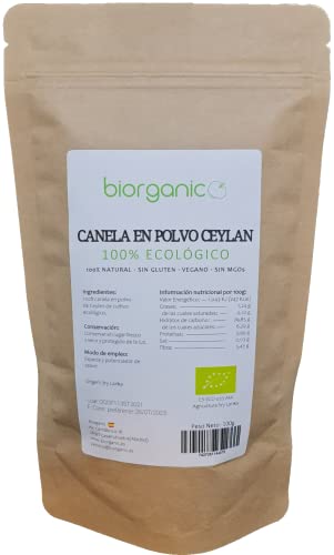 Canela Ceylan en polvo, 100g. De Sri Lanka. Pureza 100%. Sin gluten, sin MGOs. Biorganic. Marca española.