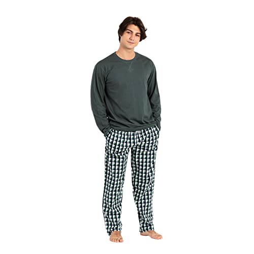 PimpamTex Pijama Franela de Hombre con Camiseta Manga Larga y Pantalón, Conjunto de Pijama de Invierno 100% Algodón y Franela para Hombre y Chico - (L, YAN Verde)