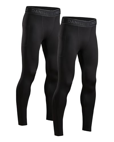 DANISH ENDURANCE 2 Pack Mallas de Compresión para Hombre, Pantalones Deportivos Running con Bolsillos, Negro, S