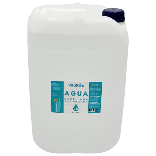 VILAROA Agua Destilada Desionizada Desmineralizada, 25 litros, Conductividad Inferior a 1,29µS/cm, ppm Entre 0,00-1,29 con, Múltiples Usos, Apto para Autoclaves (25 litros)