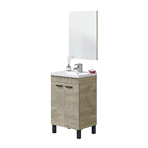 Miroytengo Mueble de Baño con Espejo y Lavamanos cerámico en Color Roble Alaska 2 Puertas Industrial Moderno 50x40 cm