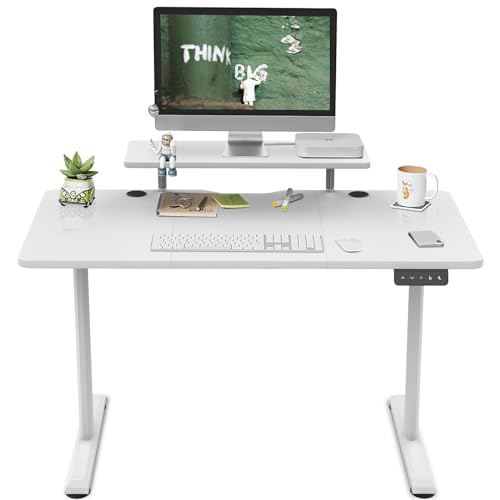TRIUMPHKEY Escritorio de pie Ajustable en Altura con estantes para Monitor 120x60cm Escritorio de pie eléctrico Ajustable en Altura Estante de Almacenamiento Home Office Tablero de Empalme Blanco