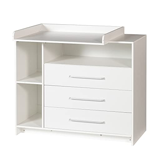 Cómoda cambiador, mueble cambiador, cómoda con accesorio cambiador, 3 cajones, 113 x 53 x 100 cm, color blanco