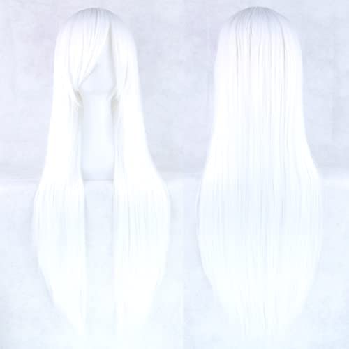 IMISSU Pelucas de Cosplay de pelo Natural liso de 80cm de largo con flequillo, peluca colorida de fiesta de disfraces de Halloween para niña (Blanco puro)