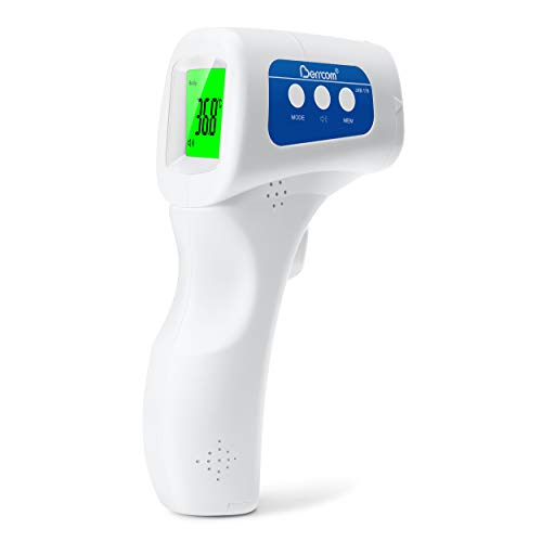 Berrcom termómetro de frente infrarrojo sin contacto, pantalla digital retroiluminada de tres colores Temperatura de lectura instantánea de bebés